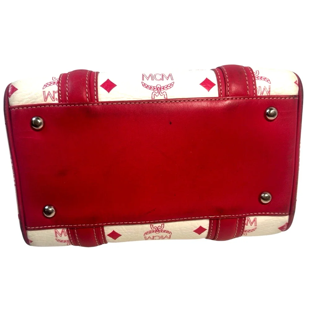 MCM Small Boston bag White Pink Visetos Satchel with Charm~Chain strap~Twilly